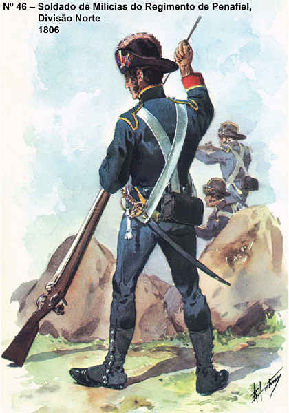 N� 46 - Soldado de Mil�cias do Regimento de Penafiel, Divis�o Norte, 1806 - Aguarela do Cor. Ribeiro Artur - Edi��o Jornal do Ex�rcito S/D (1983?) - Dim. 15x10,5 cm - Col. A. Monge da Silva