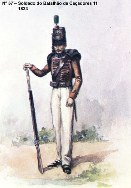 N� 57 - Soldado do Batalh�o de Ca�adores 11, 1833 - Aguarela do Cor. Ribeiro Artur - Edi��o Jornal do Ex�rcito S/D (1983?) - Dim. 15x10,3 cm - Col. A. Monge da Silva