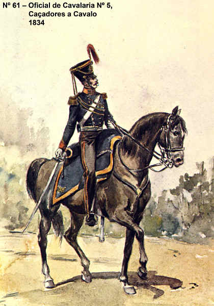 N� 61 - Oficial de Cavalaria n� 5, 1834, Ca�adores a Cavalo - Aguarela do Cor. Ribeiro Artur - Edi��o Jornal do Ex�rcito S/D (1983?) - Dim. 15x10,3 cm - Col. A. Monge da Silva