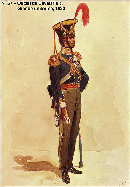 N� 67 - Oficial de Cavalaria 3, 1834, Grande uniforme - Aguarela do Cor. Ribeiro Artur - Edi��o Jornal do Ex�rcito S/D (1983?) - Dim. 15x10,3 cm - Col. A. Monge da Silva