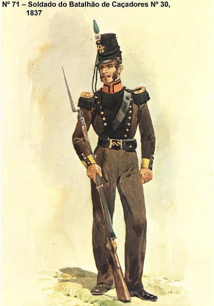 N� 71 - Soldado do Batalh�o de Ca�adores N� 30, 1837 - Aguarela do Cor. Ribeiro Artur - Edi��o Jornal do Ex�rcito S/D (1983?) - Dim. 15x10,3 cm - Col. A. Monge da Silva
