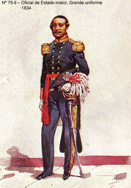 75-9 - Oficial de Estado-maior, 1834, Grande uniforme - Aguarela do Cor. Ribeiro Artur - Edi��o Jornal do Ex�rcito, 1983 - Dim. 15x10,3 cm- Col. A. Monge da Silva