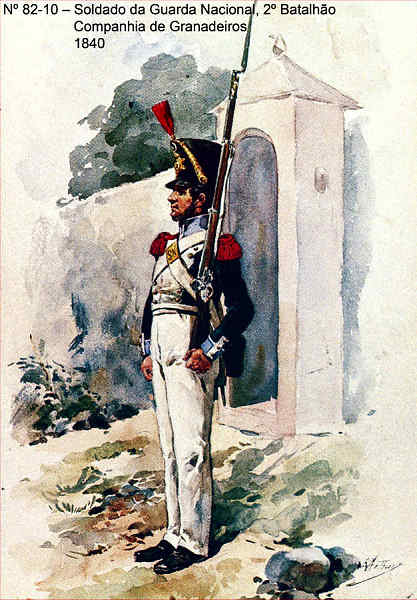 N� 82-10 - Soldado da Guarda Nacional, 2� Batalh�o, Companhia de Granadeiros, 1840 - Aguarela do Cor. Ribeiro Artur - Edi��o Jornal do Ex�rcito, 1983 - Dim. 15x10,3 cm - Col. A. Monge da Silva