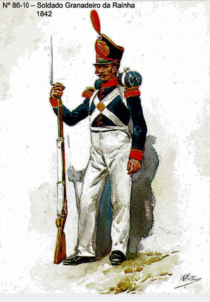 N� 86-10 - Soldado Granadeiro da Rainha, 1842 - Aguarela do Cor. Ribeiro Artur - Edi��o Jornal do Ex�rcito, 1983 - Dim. 15x10,3 cm - Col. A. Monge da Silva.