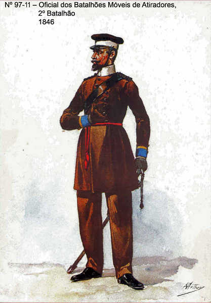 N� 97-11 - Oficial dos Batalh�es M�veis de Atiradores, 2� Batalh�o, 1846 - Aguarela do Cor. Ribeiro Artur - Edi��o Jornal do Ex�rcito, 1983 - Dim. 15x10,3 cm - Col. A. Monge da Silva