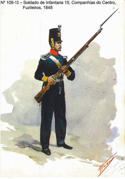 N� 109-13 - Soldado de Infantaria 15, Companhias do Centro, Fuzileiros, 1848 - Aguarela do Cor. Ribeiro Artur - Edi��o Jornal do Ex�rcito, 1983 - Dim. 15x10,3 cm - Col. A. Monge da Silva