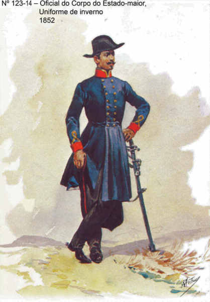 N� 123-14 - Oficial do Corpo do Estado-maior, Uniforme de inverno, 1852 - Aguarela do Cor. Ribeiro Artur - Edi��o Jornal do Ex�rcito, 1985 - Dim. 15x10,3 cm - Col. A. Monge da Silva