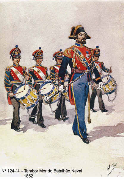 N� 124-14 - Tambor Mor do Batalh�o Naval, 1852 - Aguarela do Cor. Ribeiro Artur - Edi��o Jornal do Ex�rcito, 1985 - Dim. 15x10,3 cm - Col. A. Monge da Silva