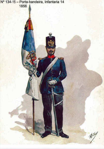 N� 134-15 - Porta-bandeira, Infantaria 14, 1856 - Aguarela do Cor. Ribeiro Artur - Edi��o Jornal do Ex�rcito, 1985 - Dim. 15x10,3 cm - Col. A. Monge da Silva