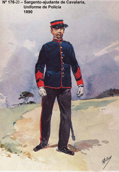 N� 176-20 - Sargento-ajudante de Cavalaria, Uniforme de pol�cia, 1890 - Aguarela do Cor. Ribeiro Artur - Edi��o Jornal do Ex�rcito, 1985 - Dim. 15x10,3 cm - Col. A. Monge da Silva
