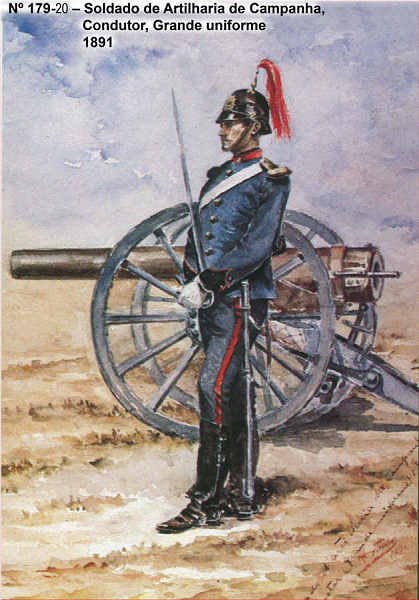 N� 179-20 - Soldado de Artilharia de Campanha, Condutor, Grande uniforme, 1891 - Aguarela do Cor. Ribeiro Artur - Edi��o Jornal do Ex�rcito, 1985 - Dim. 15x10,3 cm - Col. A. Monge da Silva