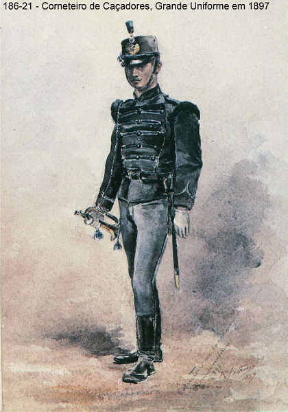 N� 186-21 - Corneteiro de Ca�adores, Grande Uniforme, 1897 - Aguarela do Cor. Ribeiro Artur - Edi��o Jornal do Ex�rcito, 1987 - Dim. 15x10,3 cm - Col. A. Monge da Silva