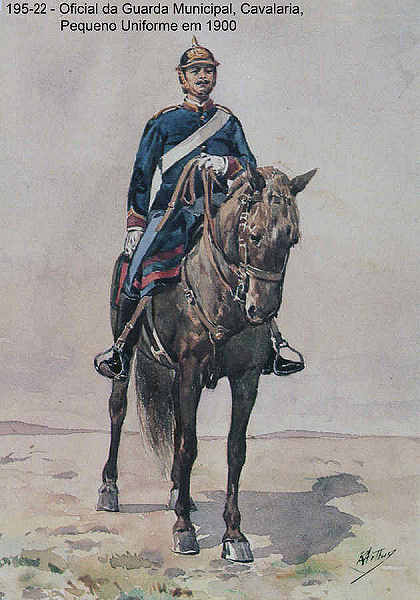 N� 195-22 - Oficial da Guarda Municipal, Cavalaria, Pequeno Uniforme em 1900 - Aguarela do Cor. Ribeiro Artur - Edi��o Jornal do Ex�rcito, 1987 - Dim. 15x10,3 cm - Col. A. Monge da Silva