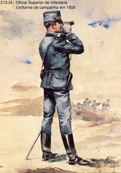 N� 213-24 - Oficial Superior de Infantaria, Uniforme de campanha em 1906 - Aguarela do Cor. Ribeiro Artur - Edi��o Jornal do Ex�rcito, 1987 - Dim. 15x10,3 cm - Col. A. Monge da Silva.