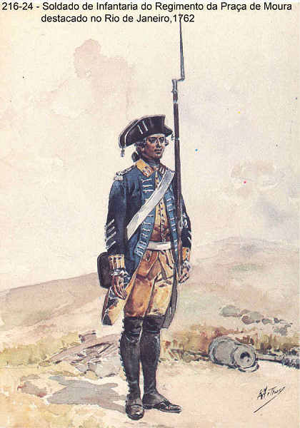 N� 216-24 - Soldado de Infantaria do Regimento da Pra�a de Moura, destacado no Rio de Janeiro, 1762 - Aguarela do Cor. Ribeiro Artur - Edi��o Jornal do Ex�rcito, 1987 - Dim. 15x10,3 cm - Col. A. Monge da Silva