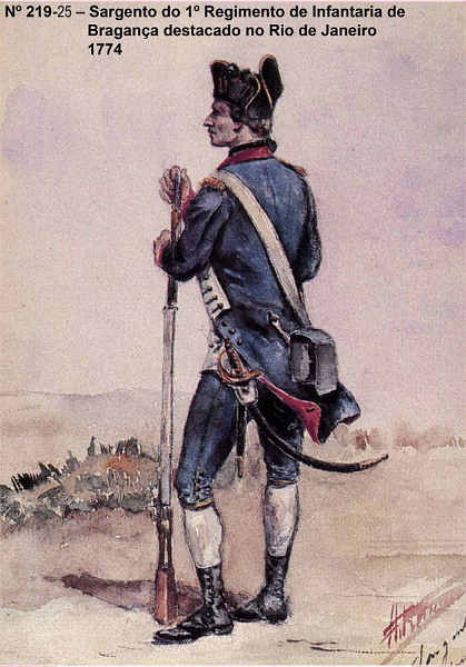 N� 219-25 - Sargento do 1� Regimento de Infantaria de Bragan�a destacado no Rio de Janeiro, 1774 - Aguarela do Cor. Ribeiro Artur - Edi��o Jornal do Ex�rcito, 1987 - Dim. 15x10,3 cm - Col. A. Monge da Silva