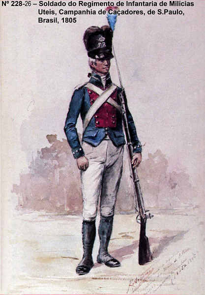 N� 228-26 - Soldado do Regimento de Infantaria de Mil�cias Uteis, Campanhia de Ca�adores, de S. Paulo, Brasil 1805/06 - Aguarela do Cor. Ribeiro Artur - Edi��o Jornal do Ex�rcito, 1987 - Dim. 15x10,3 cm- Col. A. Monge da Silva