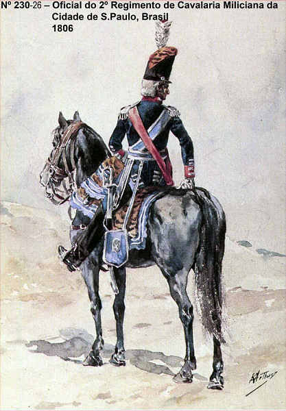 N� 230-26 - Oficial do 2� Regimento de Cavalaria Miliciana da Cidade de S.Paulo, Brasil 1806 - Aguarela do Cor. Ribeiro Artur - 150x103mm - Edi��o do Jornal do Ex�rcito em 1975 - Col. A. Monge da Silva.