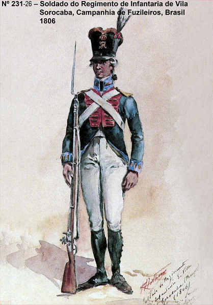 N� 231-26 - Soldado do Regimento de Infantaria de Vila Sorocaba, Companhia de Fuzileiros, Brasil 1806 - Aguarela do Cor. Ribeiro Artur - Edi��o Jornal do Ex�rcito, 1987 - Dim. 15x10,3 cm - Col. A. Monge da Silva