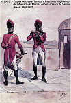 N� 235-27 - Tropas coloniais, Tambor e P�faro do Regimento de Infantaria de Mil�cias da Vila e Pra�a de Santos, Brasil 1805/07 - Aguarela do Cor. Ribeiro Artur - Edi��o Jornal do Ex�rcito, 1987 - Dim. 15x10,3 cm - Col. A. Monge da Silva