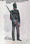 N� 236-27 - Tropas destacadas no Brasil, volunt�rios Reais de El-Rei, Batalh�o de Ca�adores N� 1 - 1815/23 - Aguarela do Cor. Ribeiro Artur - Edi��o Jornal do Ex�rcito, 1987 - Dim. 15x10,3 cm - Col. A. Monge da Silva