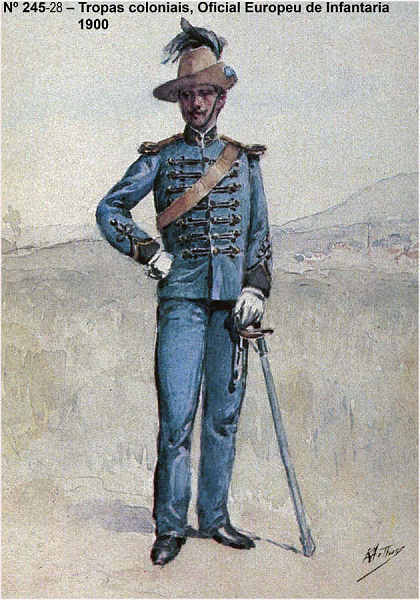 N� 245-28 - Tropas coloniais, Oficial Europeu de Infantaria, 1900 - Aguarela do Cor. Ribeiro Artur - Edi��o Jornal do Ex�rcito, 1987 - Dim. 15x10,3 cm - Col. A. Monge da Silva