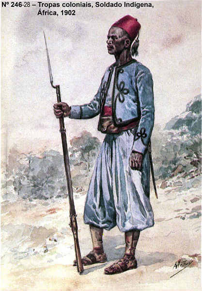 N� 246-28 - Tropas coloniais, Soldado Ind�gena, �frica, 1902 - Aguarela do Cor. Ribeiro Artur - Edi��o Jornal do Ex�rcito, 1987 - Dim. 15x10,3 cm - Col. A. Monge da Silva
