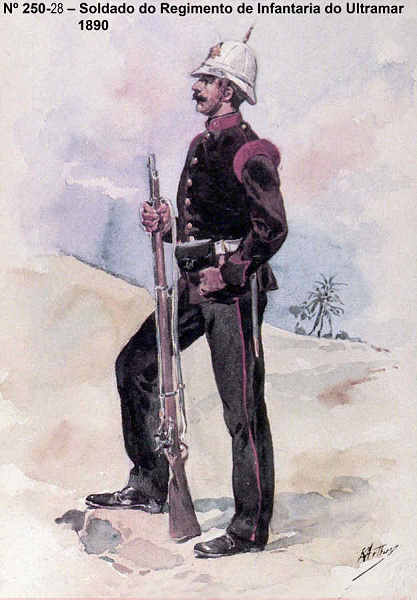 N� 250-28 - Soldado do Regimento de Infantaria do Ultramar, 1890 - Aguarela do Cor. Ribeiro Artur - Edi��o Jornal do Ex�rcito, 1987 - Dim. 15x10,3 cm - Col. A. Monge da Silva
