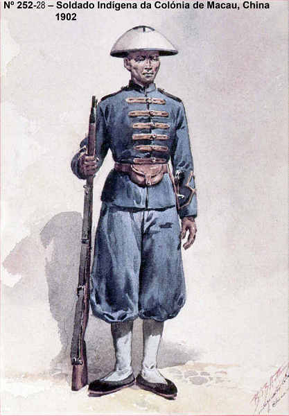 N� 252-28 - Soldado Ind�gena da Col�nia de Macau, China, 1902 - Aguarela do Cor. Ribeiro Artur - Edi��o Jornal do Ex�rcito, 1987 - Dim. 15x10,3 cm - Col. A. Monge da Silva