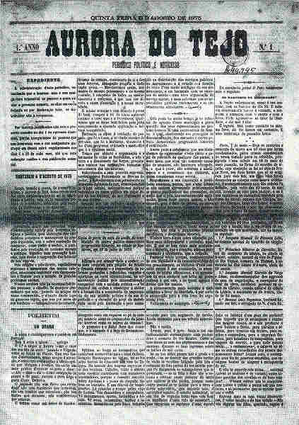 N� 7 - Aurora do Tejo. Peri�dico Pol�tico e noticioso de 1875, N� 1 - Ed. Assoc. Estudos e defesa do patrim�nio hist�rico-cultural de Santar�m - SD - Dim. 14,9x10,5cm - Col. M. Soares Lopes