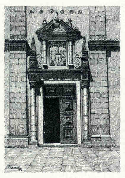 19 - Igreja do antigo col�gio dos Jesuitas - Desenho de Ars�nio da Ressurrei��o - Edi��o Associa��o de Estudos e Defesa do Patrim�nio Hist�rico-Cultural de Santar�m - 1990  - Dim. 10,5x15,1 cm - Col. Miguel Soares Lopes