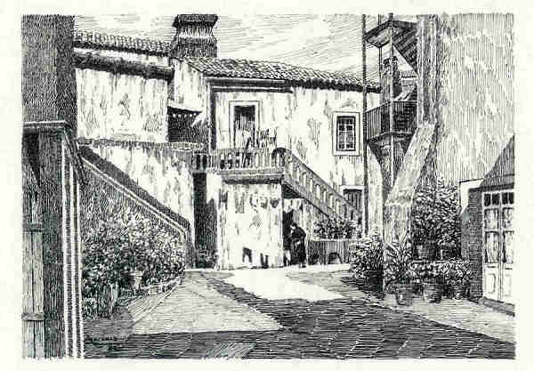 N� 3 - P�tio do Beco Cacaimba - Desenho de Ars�nio Ressurrei��o - Ed. da Associa��o de Defesa do Patrim�nio Hist�rico e Cultural de Santar�m - 1990 - Dim. 10,5x15,1 cm - Col. Miguel Soares Lopes