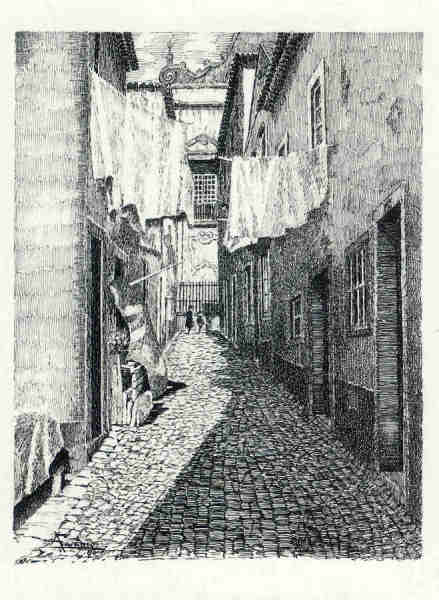 N� 9 - Beco dos Fi�is de Deus - Desenho de Ars�nio Ressurrei��o - Ed. da Associa��o de Defesa do Patrim�nio Hist�rico e Cultural de Santar�m - 1990 - Dim. 10,5x15,1 cm - Col. Miguel Soares Lopes