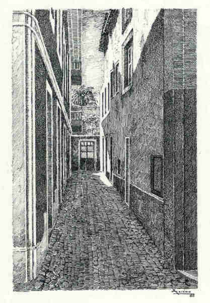 N� 10 - Beco das Cartaxeiras - Desenho de Ars�nio Ressurrei��o - Ed. da Associa��o de Defesa do Patrim�nio Hist�rico e Cultural de Santar�m - 1990 - Dim. 10,5x15,1 cm - Col. Miguel Soares Lopes