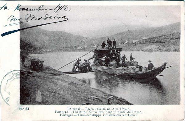 N� 51 - Barco Rebello carregado no Alto Douro - Editor correios - Dim. 140x91 mm - Usado em 10NOV1912 - Col. A. Monge da Silva (c. 1905)