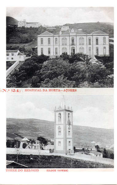 N� 24 - Hospital da Horta/Torre do Rel�gio - Edi��o da Livraria d' O Telegrapho, Horta - Dim. 140x88 mm - Col. A. Monge da Silva (c. 1910)