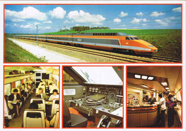 N� 668 - TRAIN A GRANDE VITESSE (TGV) DE LA S.N.C.F. - Voiture 1�re Classe. Cabine de conduite. Voiture Bar. Le train le plus rapide du monde 260 km/h vitesse d'exploitation 380 km/h record du monde le 26 F�vrier 1981. - Ed. LYNA-PARIS ABEILLE-CARTES 8, rue du Caire - 75002 PARIS - T�l. (1) 42.36.41.28 LYONCOLOR Photos Michel Henri CAV S.N.C.F. - SD Dim. 14,8x10,5 cm - Col. Manuel B�ia