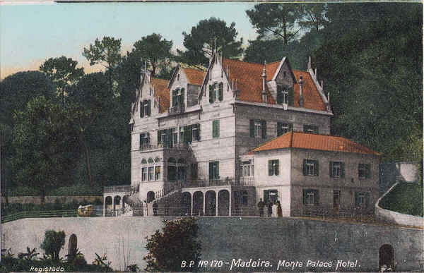 N� 170 - Funchal, Monte Palace Hotel - Editor B.P. - Dim. 140x91 mm - Carimbo Postal 14JAN1908 - Col. A. Monge da Silva (c. 1907)