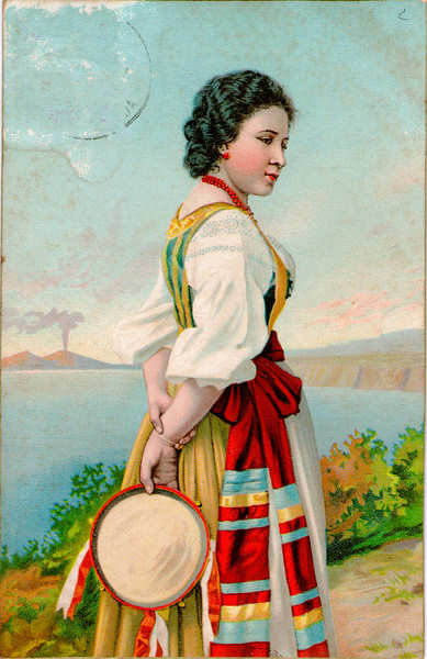 N� 19841 - Jovem em traje regional com pandeireta (A�ores?; Sardenha?) - Editor Stengel & co, Dresden, Alemanha - Dim. 139x90 mm - Usado em OUT1907 - Col. A. Monge da Silva