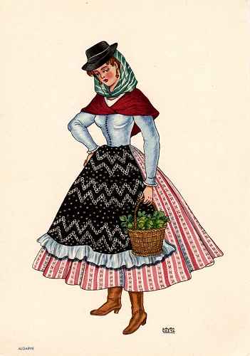 OLIVA - Saia de chita clara. Camisa branca. Casaquinho. Avental escuro de chita. Len�os na cabe�a e ao pesco�o. Chap�u preto masculino. Botas de cabedal claro. - Lito. Nacional - S/D - Dimens�es: 15x10,5 cm - Colec��o M. F. Silva