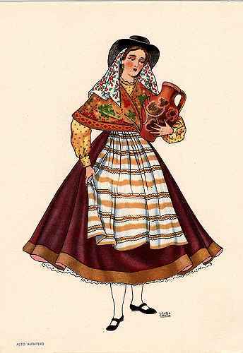 OLIVA - Saia escura com barra. Avental e blusa de chita. Len�o de cores vivas. Chap�u preto l - Lit. Nacional - S/D - Dimens�es: 15x10,5 cm - Colec��o M. F. Silva