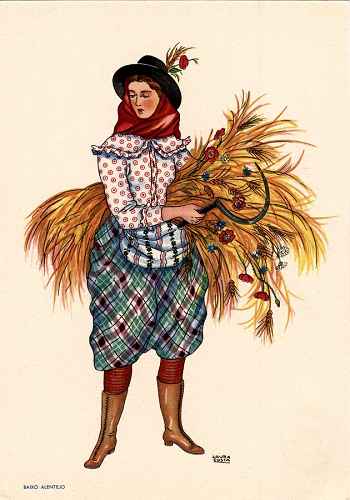 OLIVA - Blusa e avental de chita clara. Saia de riscado. Botas altas. Meias de riscas de cores garridas. Chap�u masculino e len�o. - Lit. Nacional - S/D - Dimens�es: 15x10,5 cm - Colec��o M. F. Silva