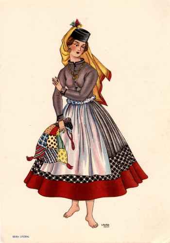 OLIVA - Saia de barra garrida e outra de quadradinhos. Avental branco. Casaquinha curta sem abas sobre blusa de chita clara. Chap�u de feltro com enfeitos de penas coloridas, sobre len�o. - Lit. Nacional - S/D - Dimens�es: 15x10,5 cm - Colec��o M. F. Silva