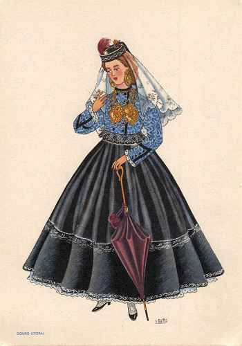 OLIVA - Saia preta de seda lavrada ou de baeta-crepe. Casaquinha curta e direita de veludo lavrado. Chap�u de feltro preto. Len�o de tule bordado. Meias brancas rendadas e chinelas pretas. - Lit. Nacional - S/D - Dimens�es: 15x10,5 cm - Colec��o M. F. Silva