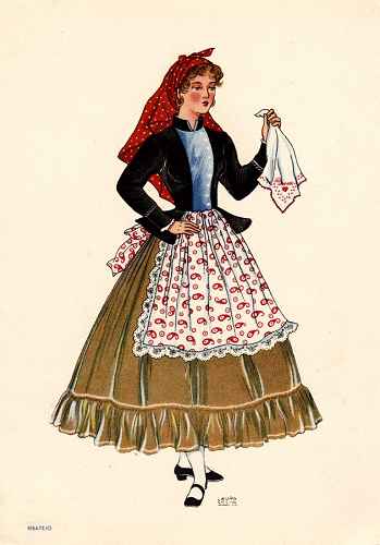 OLIVA - Saia de fazenda. Avental florido. Casaquinha abotoada ao lado sobre blusa de chita. Len�o garrido. Sapatos. - Lit. Nacional - S/D - Dimens�es: 15x10,5 cm - Colec��o M. F. Silva