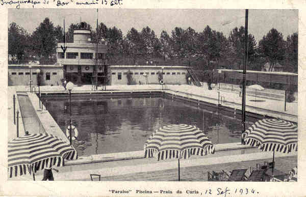 SN - Paraiso Piscina-Praia da Curia - Ed. Alexandre d'Almeida - Dim. 14,0x8,9 cm - Circ. 9-1934 - Col. A. Sim�es (269).
