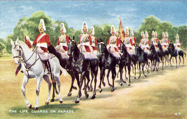 A7 - London, The Life Guards on parade - Reedi��o de Valentine & Suns em 1951 - Dim. 13,9x8,8 cm - Col. Am�lcar Monge da Silva (c. 1910)
