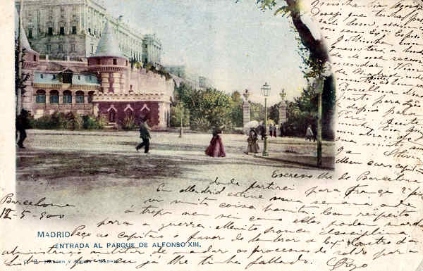 SN - Madrid. Entrada do Parque Afonso XIII - Edi��o an�nima - Dim. ??x?? cm - Circulado em 1900 - Col. Am�lcar Monge da Silva