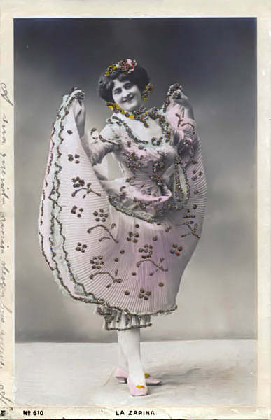 N� 610 - La Zarina (com lantejoulas coladas) - Edi��o CT, Madrid - Circulado em 1906 - Dim. 14x8,9 cm - Col. Am�lcar Monge da Silva