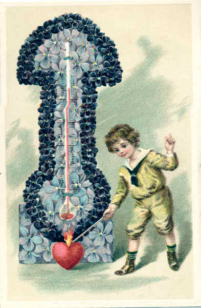 SN - Term�metro em flores azuis aquecido por cora��es (em relevo) - Edi��o an�nima - Dim. 13,8x9,2 cm - Col. Am�lcar Monge da Silva (cerca de 1908)